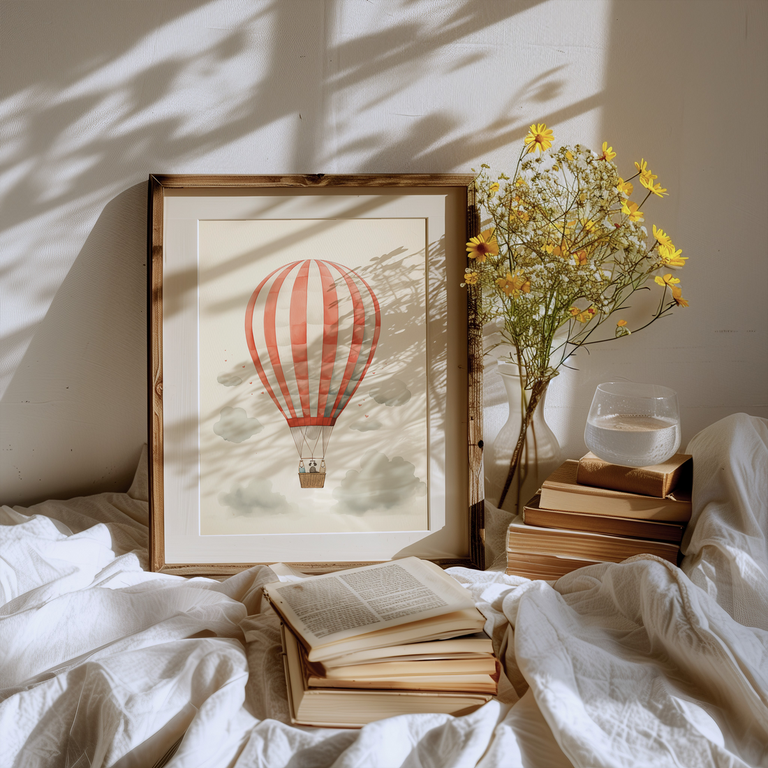 framed of hot air balloon surrounded by books