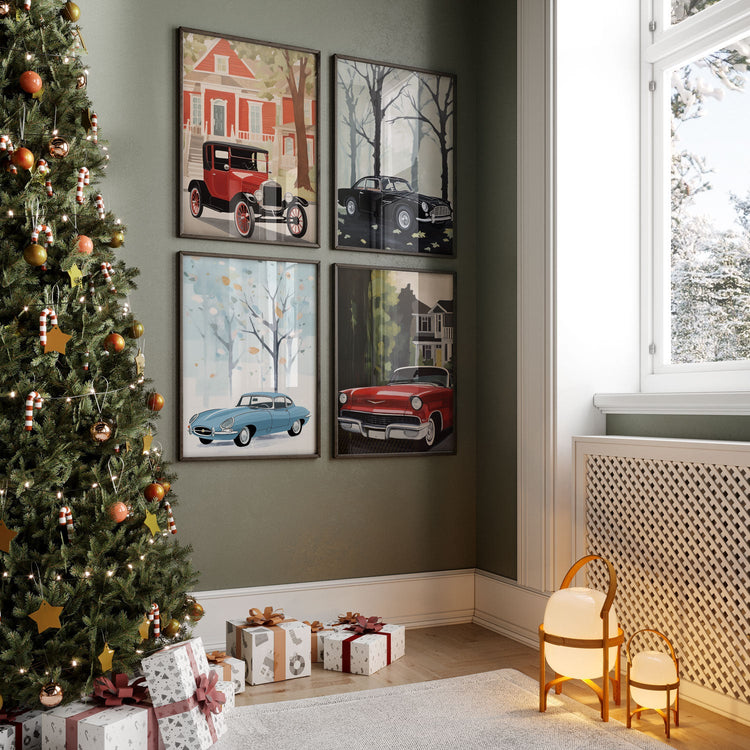 Cosy living room with christmas tree and 4 posters with retro vehciles